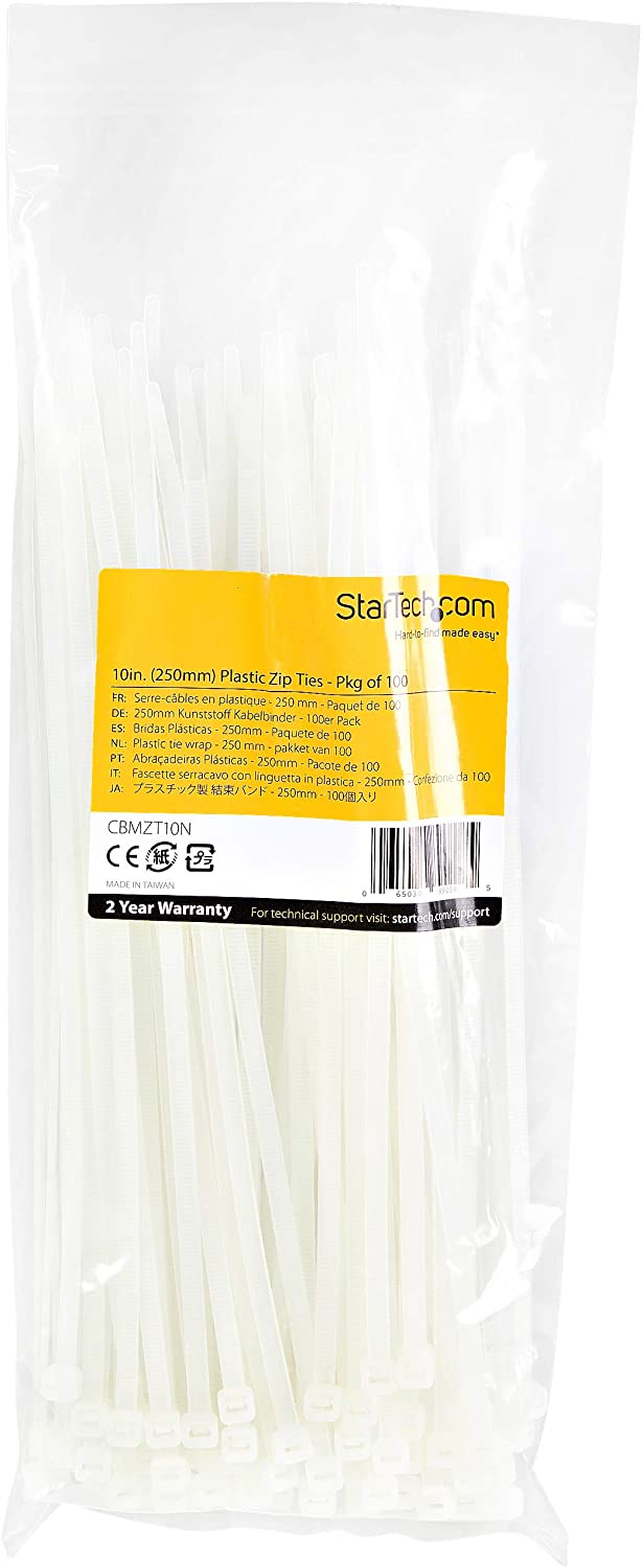 StarTech.com 10"(25cm) Cable Ties - 1/8"(4mm) Wide, 2-5/8"(68mm) Bundle Diameter, 50lb(22kg) Tensile Strength, Nylon Self Locking Zip Ties w/Curved Tip - 94V-2/UL Listed, 100 Pack - White 10 in | 50 lbs (22kg) Standard w/Self Locking 100