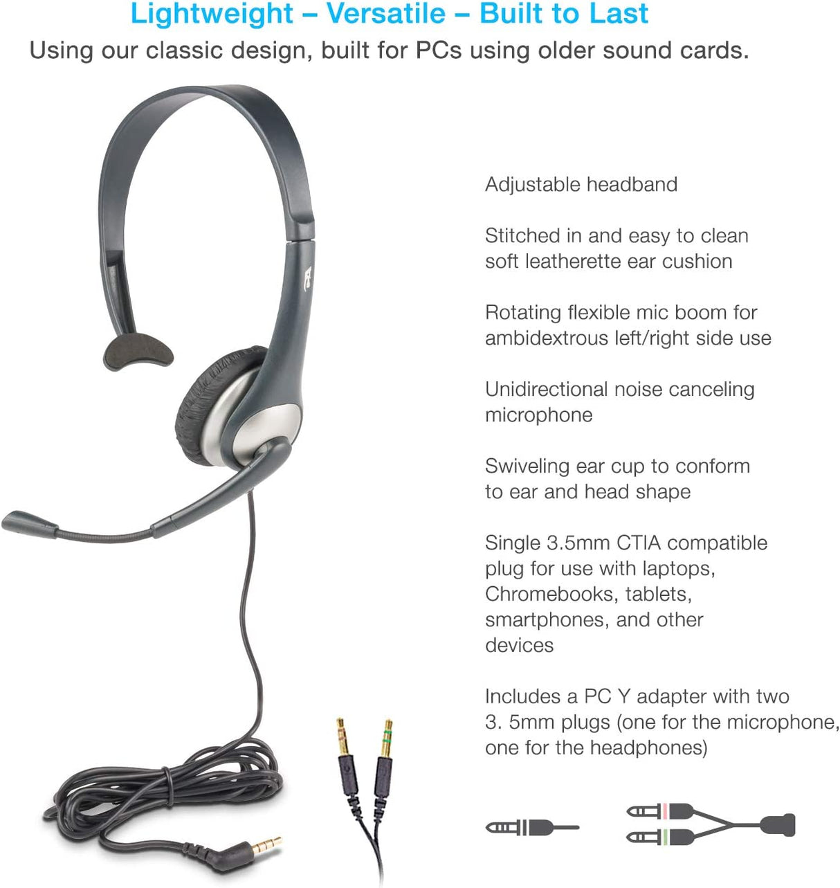 Cyber Acoustics Mono Headset, headphone with microphone, great for K12 School Classroom and Education (AC-104),Gray