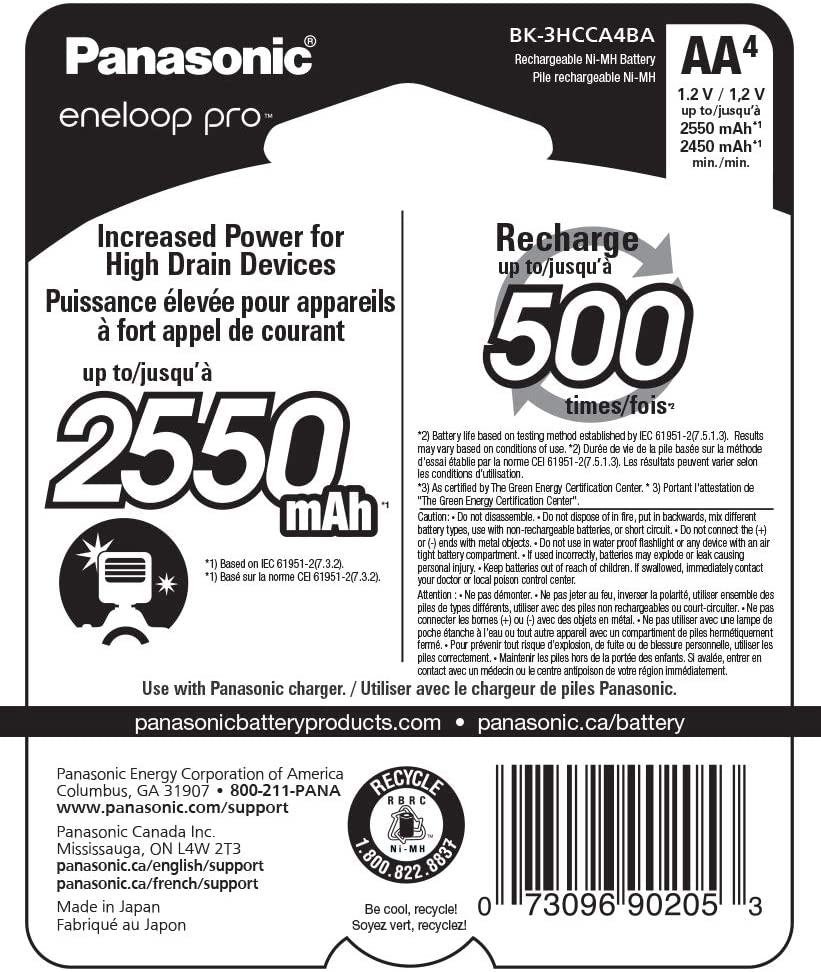 Panasonic BK-3HCCA4BA eneloop pro AA High-Capacity Ni-MH Pre-Charged Rechargeable Batteries, 4-Battery Pack AA 4-Pack Batteries only