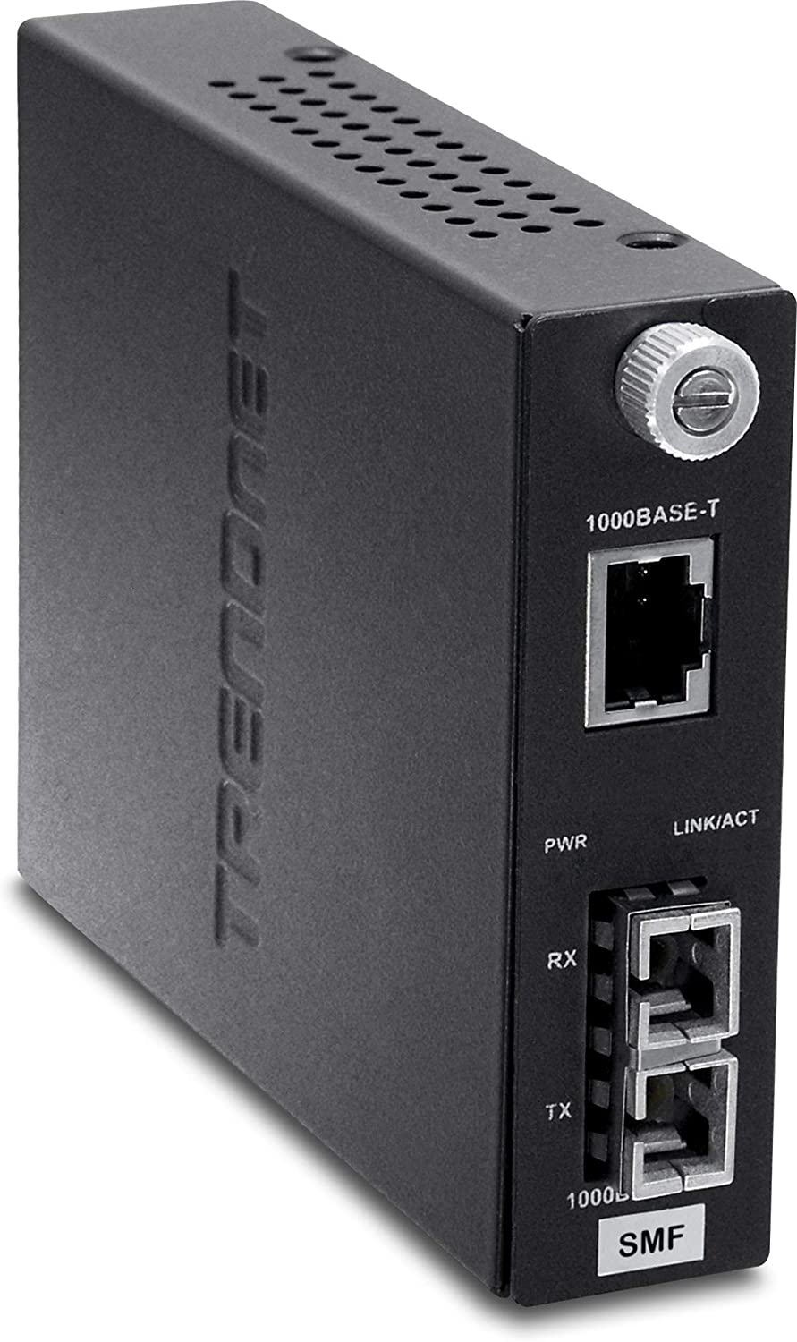 TRENDnet Intelligent 1000Base-T to 1000Base-LX/SX Single Mode SC Fiber Media Converter (20KM, 12.4Miles), Fiber to Ethernet Converter, SC Type Fiber Port, RJ-45,Lifetime Protection, TFC-1000S20 , Black 20 KM