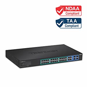 TRENDnet 28-Port Gigabit Web Smart PoE+ Switch, 24 x Gigabit Ports, 4 x Shared Gigabit Ports (RJ-45 or SFP), 185W PoE Budget, 56Gbps Switching Capacity, Lifetime Protection, Black, TPE-2840WS
