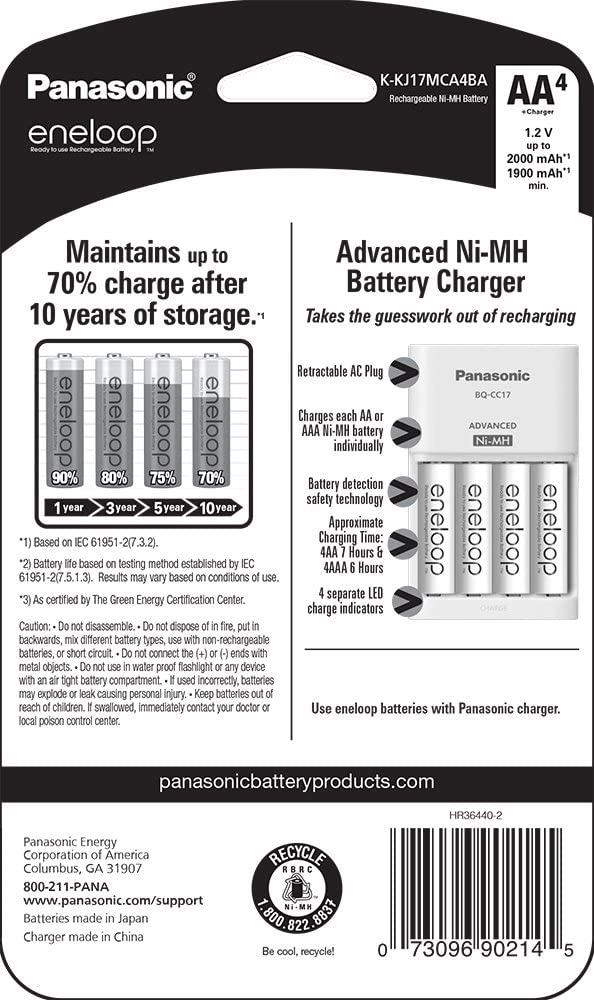 Panasonic K-KJ17MCA4BA Advanced Individual Cell Battery Charger Pack with 4 AA eneloop 2100 Cycle Rechargeable Batteries