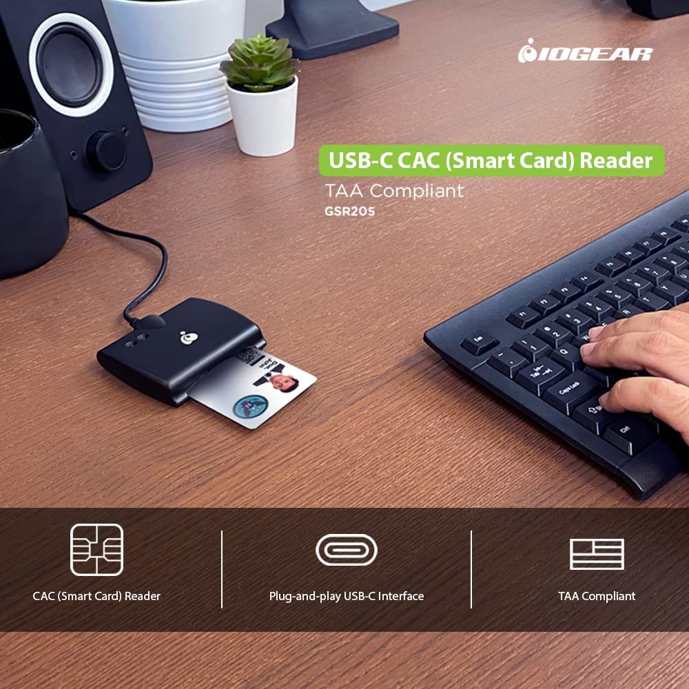IOGEAR USB-C Common Access CAC Smart Card Reader - DOD - Government - Healthcare - TAA Compliant - Support for V7.x n V8. USAccess Personal Identity Verification (PIV) - Mac OS - Win - Linux- GSR205