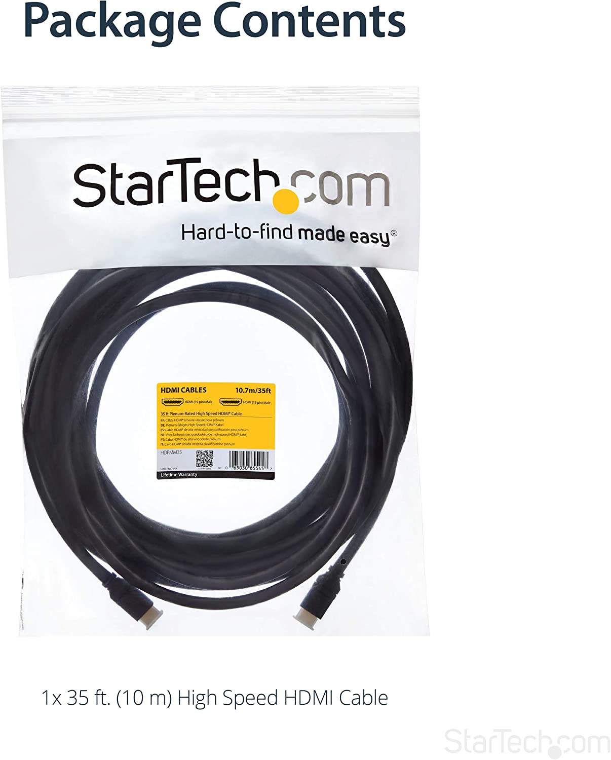 StarTech.com 35ft Plenum Rated HDMI Cable, 4K High Speed Long HDMI Cord w/ Ethernet, 4K30 UHD, 10.2 Gbps, HDCP 1.4, In Wall Plenum HDMI 1.4 Display Cable, HDMI to HDMI Computer to TV Cable (HDPMM25) 35 ft / 10.5m