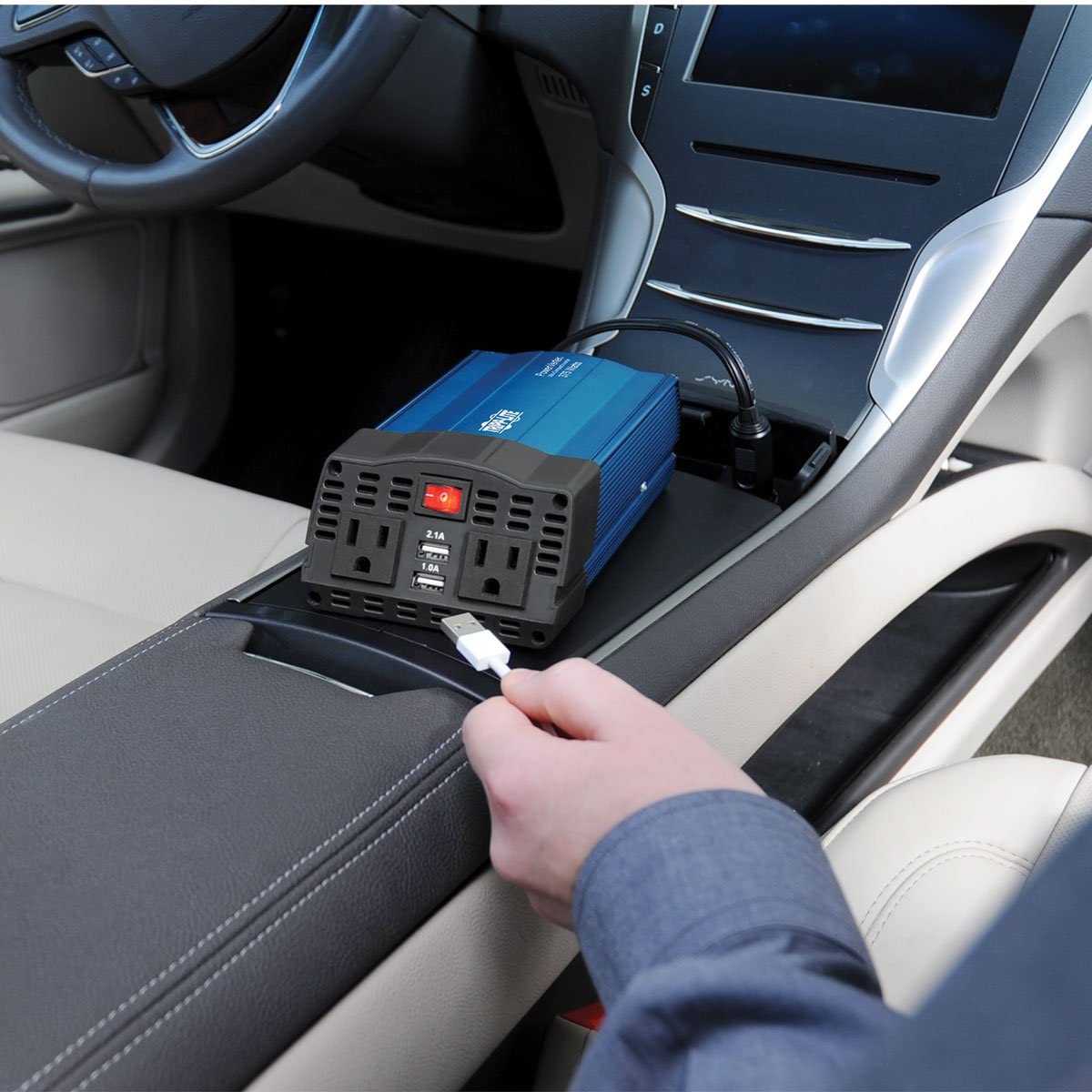 Tripp Lite 375W Compact Portable Car Power Inverter 2 Outlet 12V DC to 120V AC w/ 2-Port USB Charging Ports (PV375USB) BLACK/BLUE 375W + USB