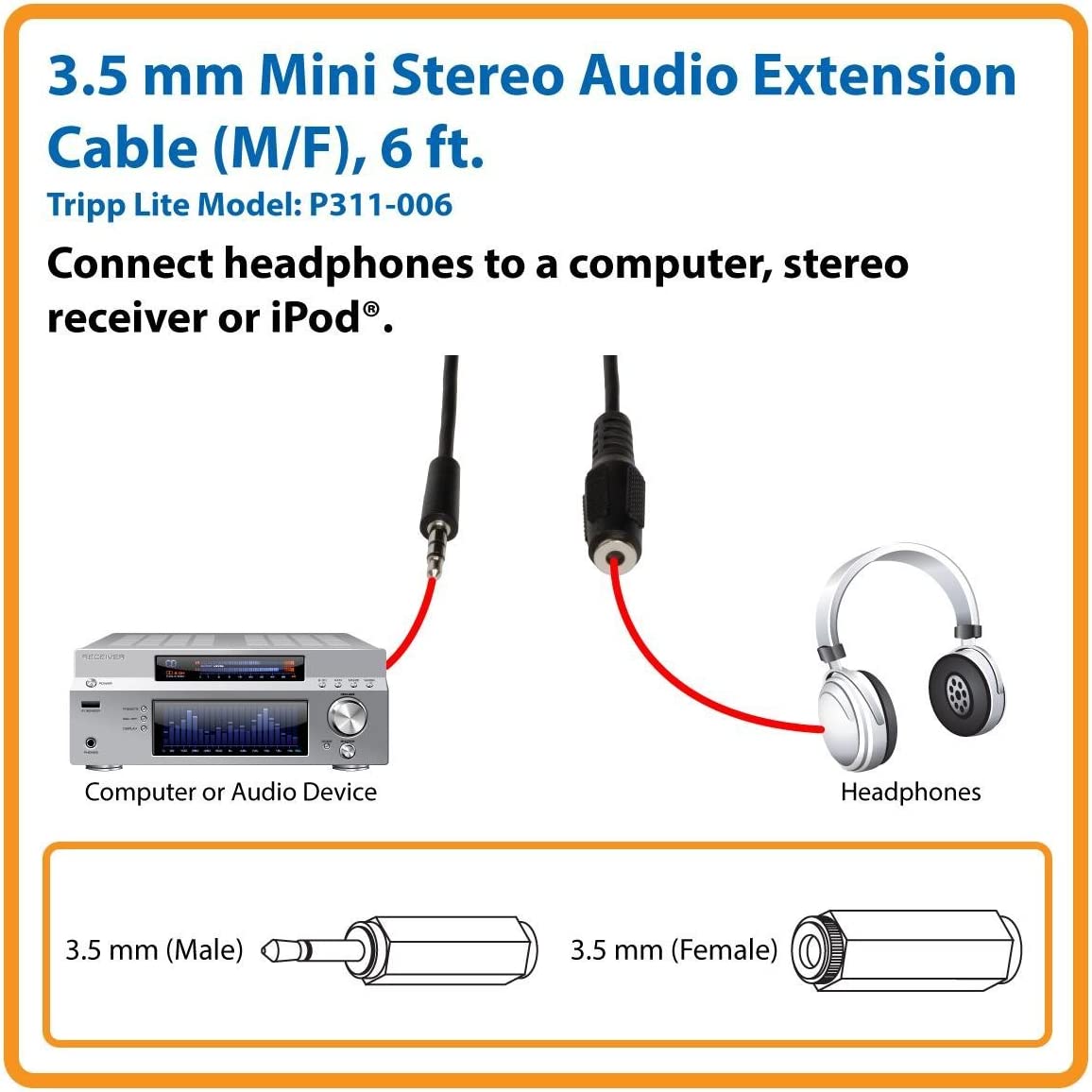Tripp Lite 3.5mm Mini Stereo Audio Extension Cable for Speakers and Headphones (M/F), 25-ft.(P311-025) 25-feet