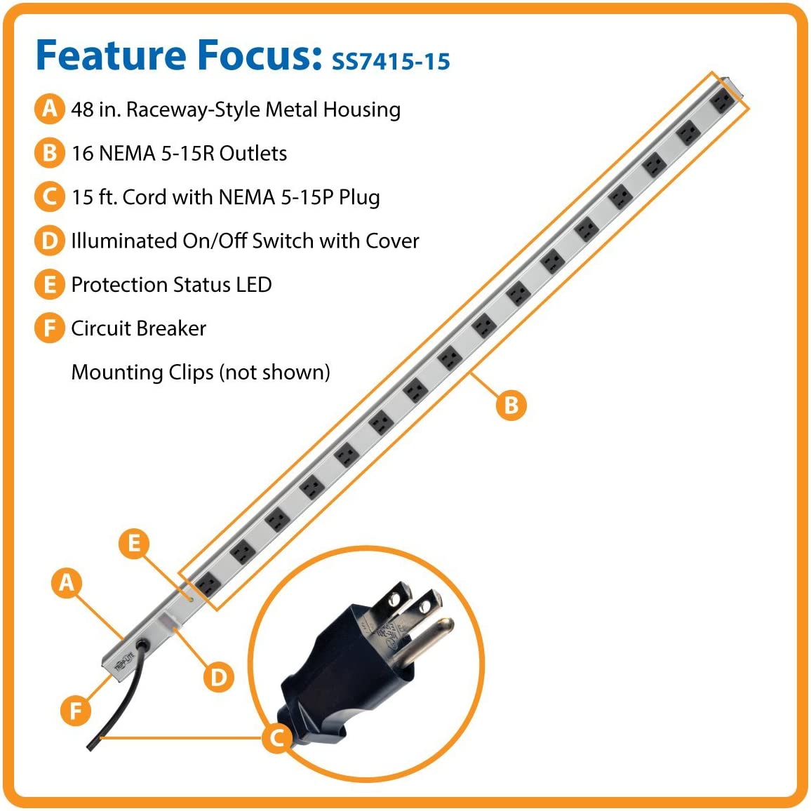 Tripp Lite 16 Outlet Surge Protector Power Strip, 15ft Long Cord, Metal, SS7415-15, Silver 16 Outlet Power Strip