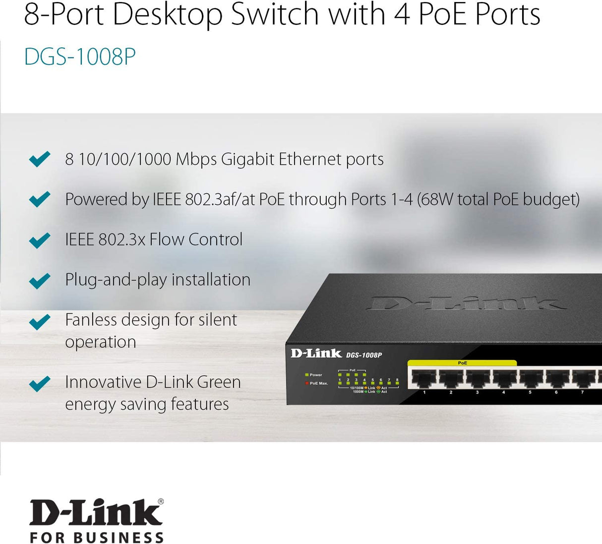 D-Link PoE Switch, 8 Port Ethernet Gigabit Unmanaged Desktop Switch with 4 PoE Ports 68W Budget (DGS-1008P),Black 8-Port PoE Gigabit