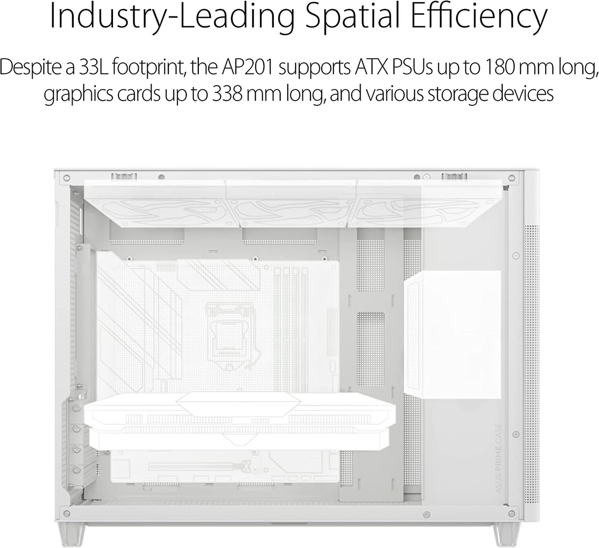 ASUS Prime AP201 33-Liter MicroATX White case with Tool-Free Side Panels and a Quasi-Filter mesh, with Support for 360 mm Coolers, Graphics Cards up to 338 mm Long, and Standard ATX PSUs