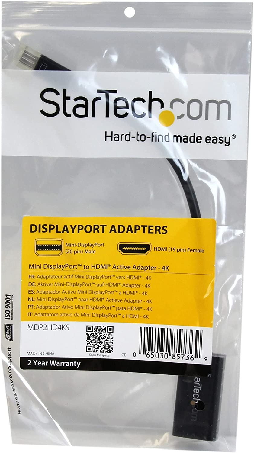 StarTech.com Mini DisplayPort to HDMI Adapter - Active mDP to HDMI Video Converter - 4K 30Hz - Mini DP or Thunderbolt 1/2 Mac/PC to HDMI Monitor/TV/Display - mDP 1.2 to HDMI Adapter Dongle (MDP2HD4KS) Black 4K 30Hz Converter