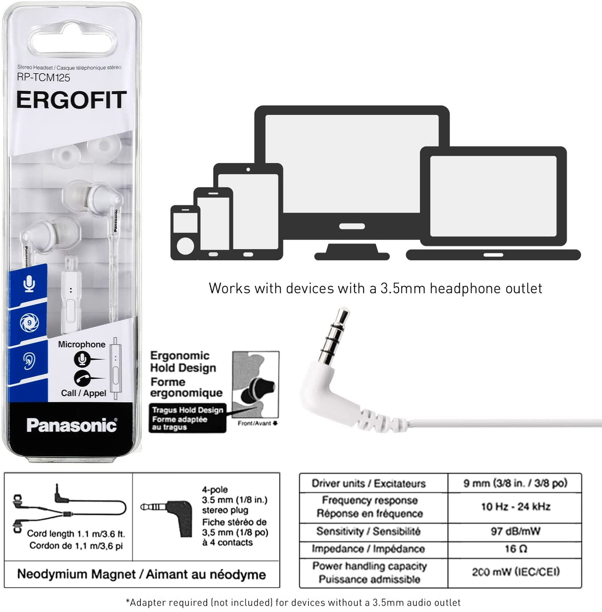 Panasonic ErgoFit Wired Earbuds, In-Ear Headphones with Microphone and Call Controller, Ergonomic Custom-Fit Earpieces (S/M/L), 3.5mm Jack for Phones and Laptops - RP-TCM125-W (White) White With Mic