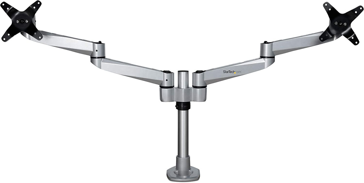 StarTech.com Desk Mount Dual Monitor Arm - Premium Articulating Monitor Arm - up to 27 VESA Mount Displays - Height Adjustable Monitor Mount - Rotate/Tilt/Swivel - Clamp/Grommet - Silver (ARMDUALPS)