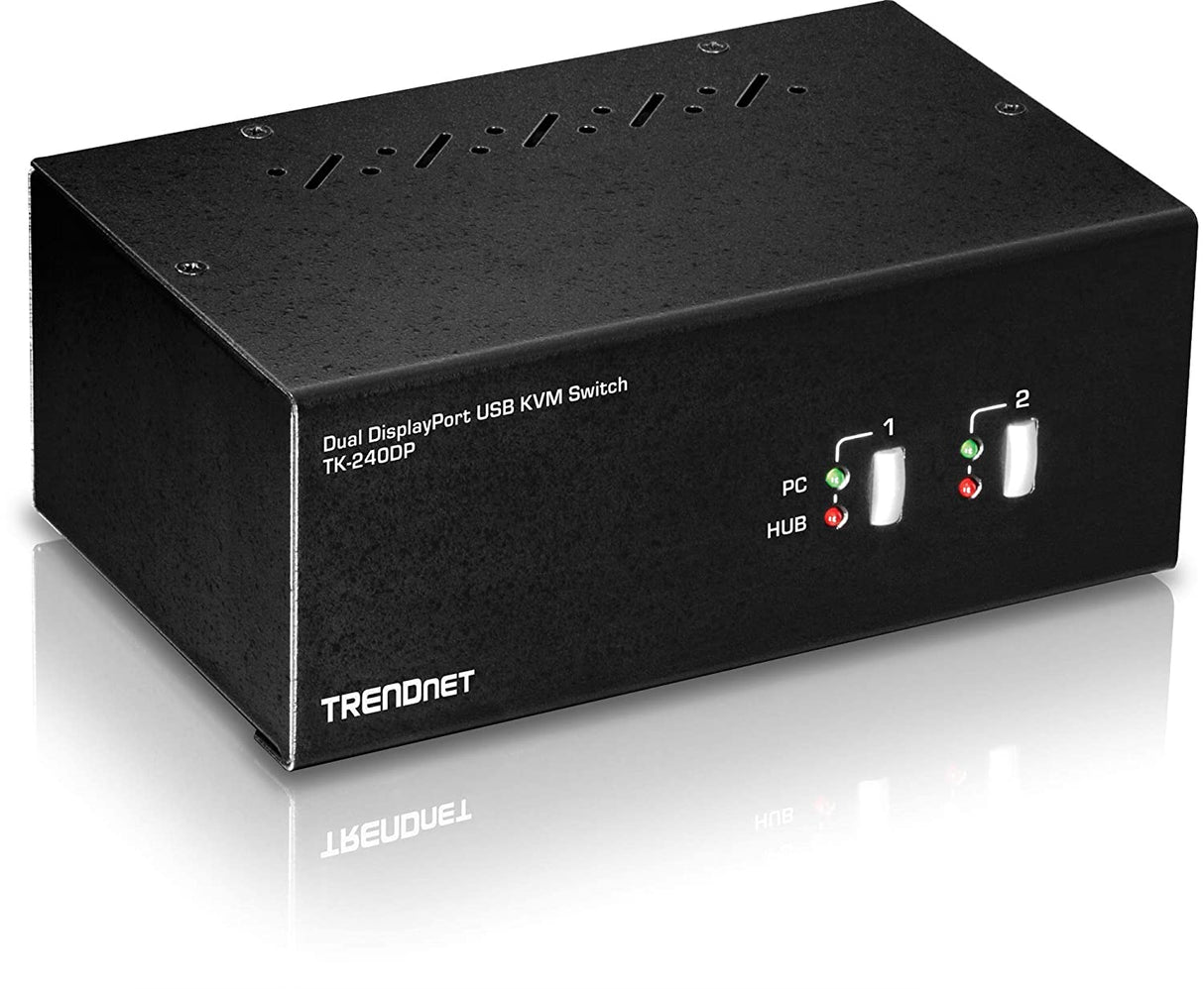 TRENDnet 2-Port Dual Monitor DisplayPort KVM Switch with Audio, 2-Port USB 2.0 Hub, 4K UHD Resolutions Up to 3840 x 2160, Connect Two DisplayPort Monitors, Dual Monitor KVM Switch, Black, TK-240DP