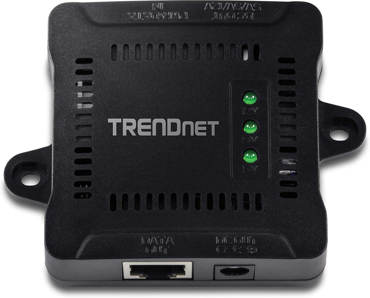 TRENDnet Gigabit PoE Splitter, 1 x Gigabit PoE Input Port, 1 x Gigabit Output Port, Up to 100m (328 ft), Supports 5V, 9V, 12V Devices, 802.3af PoE Compatible, PoE Powered, Black, TPE-104GS