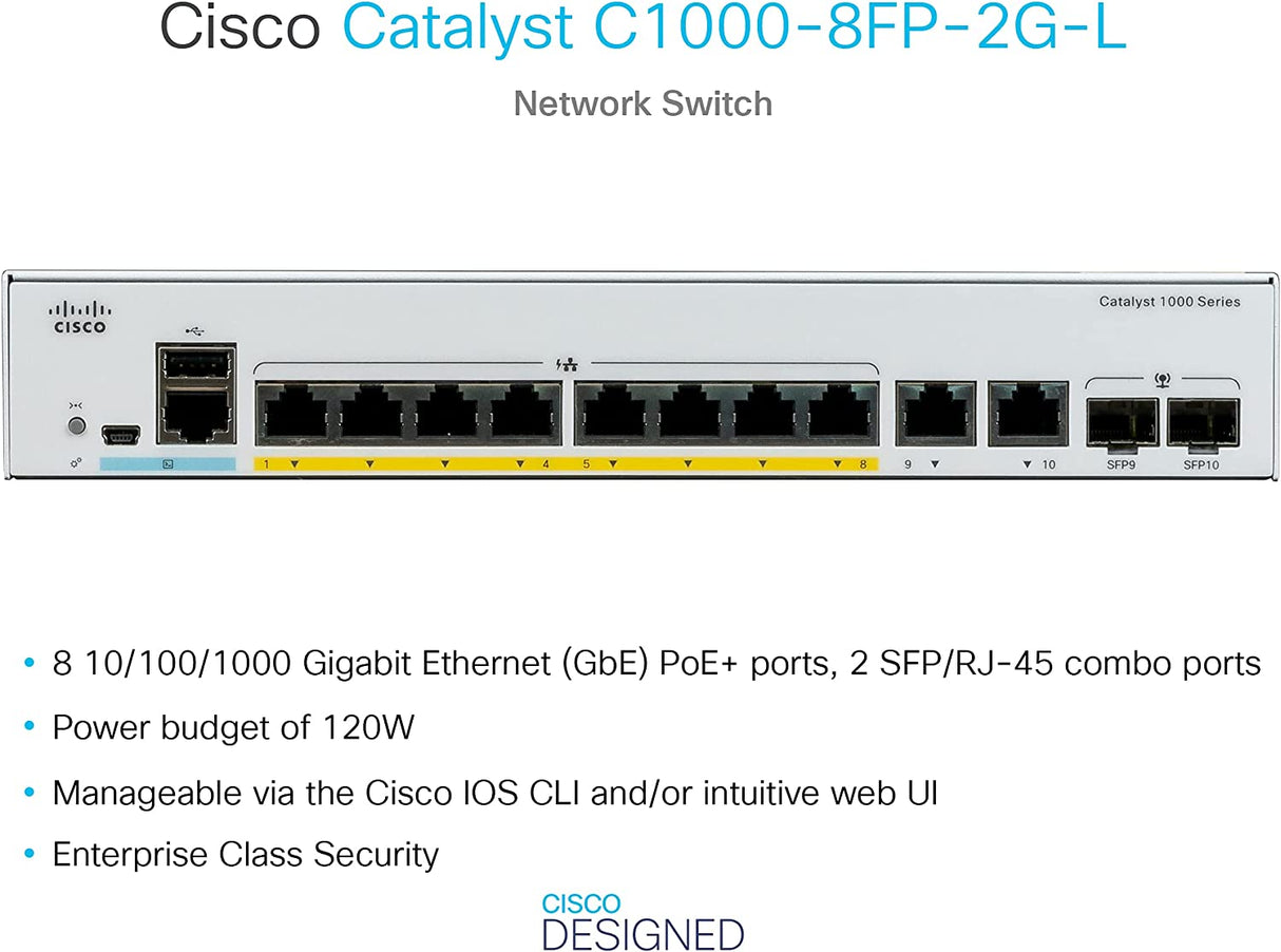 Cisco Catalyst 1000-8FP-2G-L Network Switch, 8 Gigabit Ethernet (GbE) PoE+ Ports, 120W PoE Budget, 2 1G SFP/RJ-45 Combo Ports, Fanless Operation, Enhanced Limited (C1000-8FP-2G-L)
