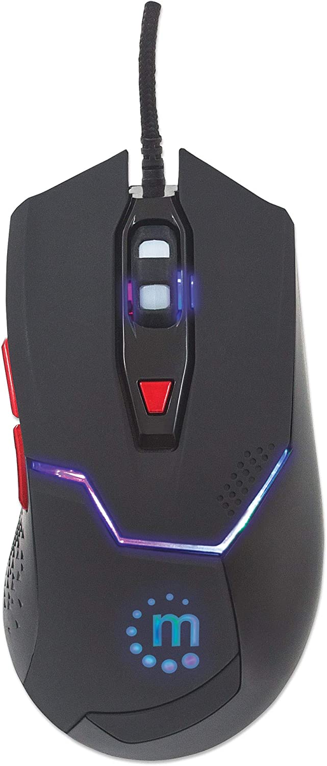 Manhattan Wired Gaming Mouse – 800 / 1200 / 1600 / 2400 Adjustable DPI Resolution – Ergonomic Grip Shape & Color LED Lights - Red / Black, 176071