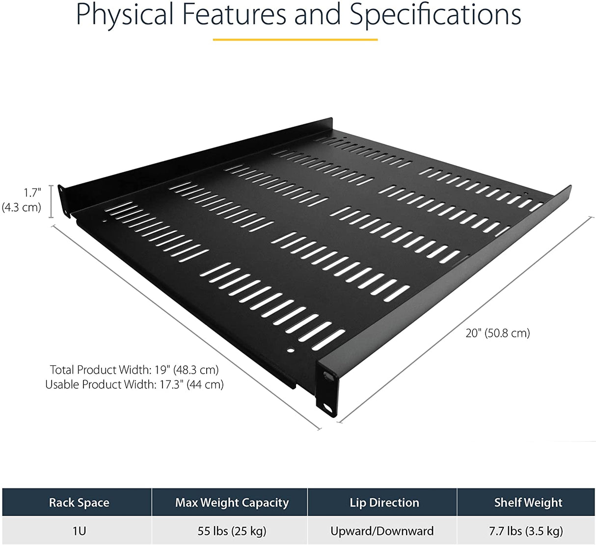 StarTech.com 1U Server Rack Shelf - Universal Vented Rack Mount Cantilever Tray for 19" Network Equipment Rack & Cabinet - Durable Design - Weight Capacity 55lb/25kg - 20" Deep (SHELF-1U-20-FIXED-V) 1U 20" Depth