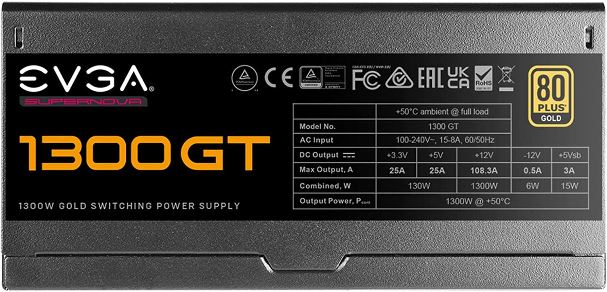 EVGA Supernova 1300 GT, 80 Plus Gold 1300W, Fully Modular, Eco Mode with FDB Fan, 10 Year Warranty, Includes Power ON Self Tester, Compact 180mm Size, Power Supply 220-GT-1300-X1
