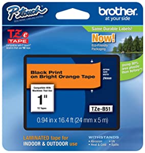 Brother Genuine P-touch TZE-B51 Tape, 1" (0.94") Wide Standard Laminated Tape, Black on Fluorescent Orange, Laminated for Indoor or Outdoor Use, Water-Resistant, 0.94" x 16.4' (24mm x 5M), TZEB51 Black on Fluorescent Orange 1 Inch