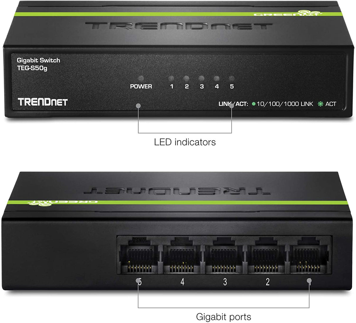 TRENDnet 5-Port Unmanaged Gigabit GREENnet Desktop Metal Switch, Ethernet-Network Switch, 5 x Gigabit Ports, Fanless, 10 Gbps Switching Fabric, Lifetime Protection, Black, TEG-S50g