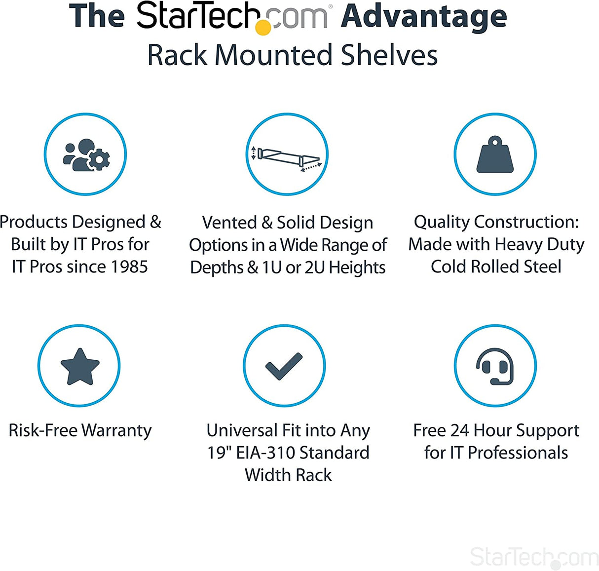 StarTech.com 2U Server Rack Shelf - Universal Rack Mount Cantilever Shelf for 19" Network Equipment Rack & Cabinet - Heavy Duty Steel – Weight Capacity 44lb/20kg - 16" Deep Tray, Black (CABSHELF) 16" Depth 2U