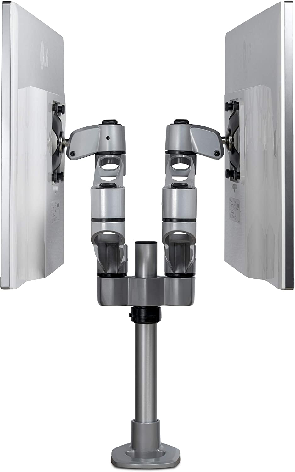 StarTech.com Desk Mount Dual Monitor Arm - Premium Articulating Monitor Arm - up to 27 VESA Mount Displays - Height Adjustable Monitor Mount - Rotate/Tilt/Swivel - Clamp/Grommet - Silver (ARMDUALPS)