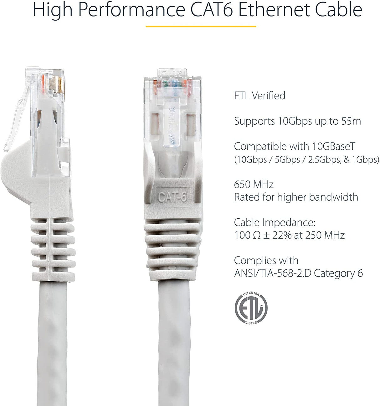 StarTech.com 6ft CAT6 Ethernet Cable - Gray CAT 6 Gigabit Ethernet Wire -650MHz 100W PoE++ RJ45 UTP Category 6 Network/Patch Cord Snagless w/Strain Relief Fluke Tested UL/TIA Certified (N6PATCH6GR) Gray 6 ft / 1.82 m 1 Pack
