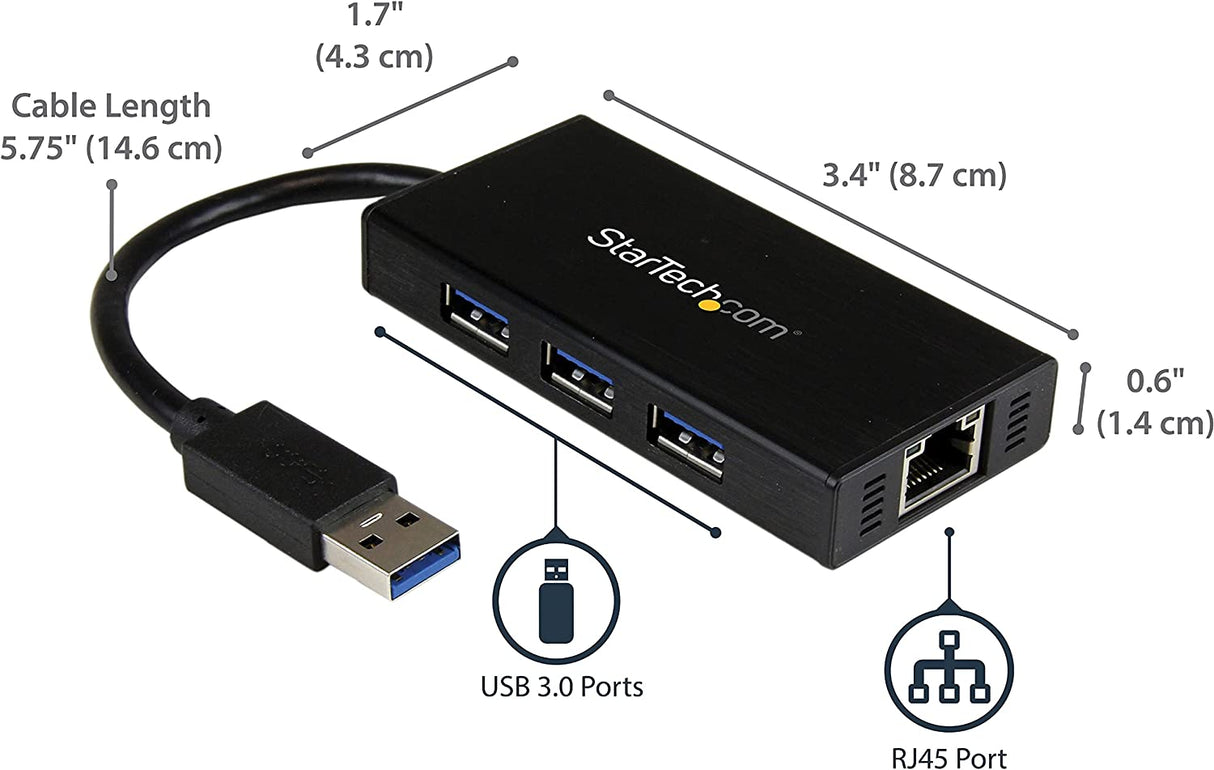 StarTech.com USB 3.0 Hub with Gigabit Ethernet Adapter - 3 Port - NIC - USB Network / LAN Adapter - Windows & Mac Compatible (ST3300GU3B) Black Black w/ 3 USB Ports