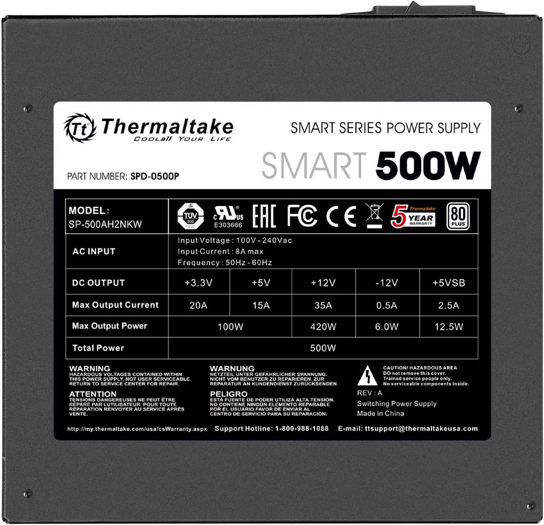 Thermaltake Smart 500W 80+ White Certified PSU, Continuous Power with 120mm Ultra Quiet Cooling Fan, ATX 12V V2.3/EPS 12V Active PFC Power Supply PS-SPD-0500NPCWUS-W 500W 80+ White Power