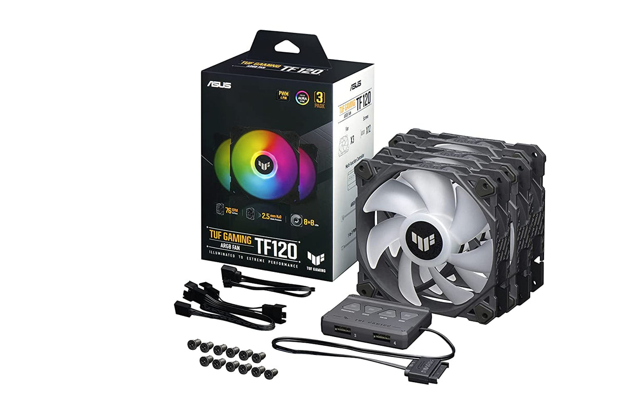 ASUS TUF Gaming TF120 ARGB Chassis Fan 3Pin Customizable LEDs Blade, Advanced Fluid Dynamic Bearing, 120mm PWM Control, Anti-Vibration Pads, Double-Layer LED Array for Computer Case & Liquid Radiator