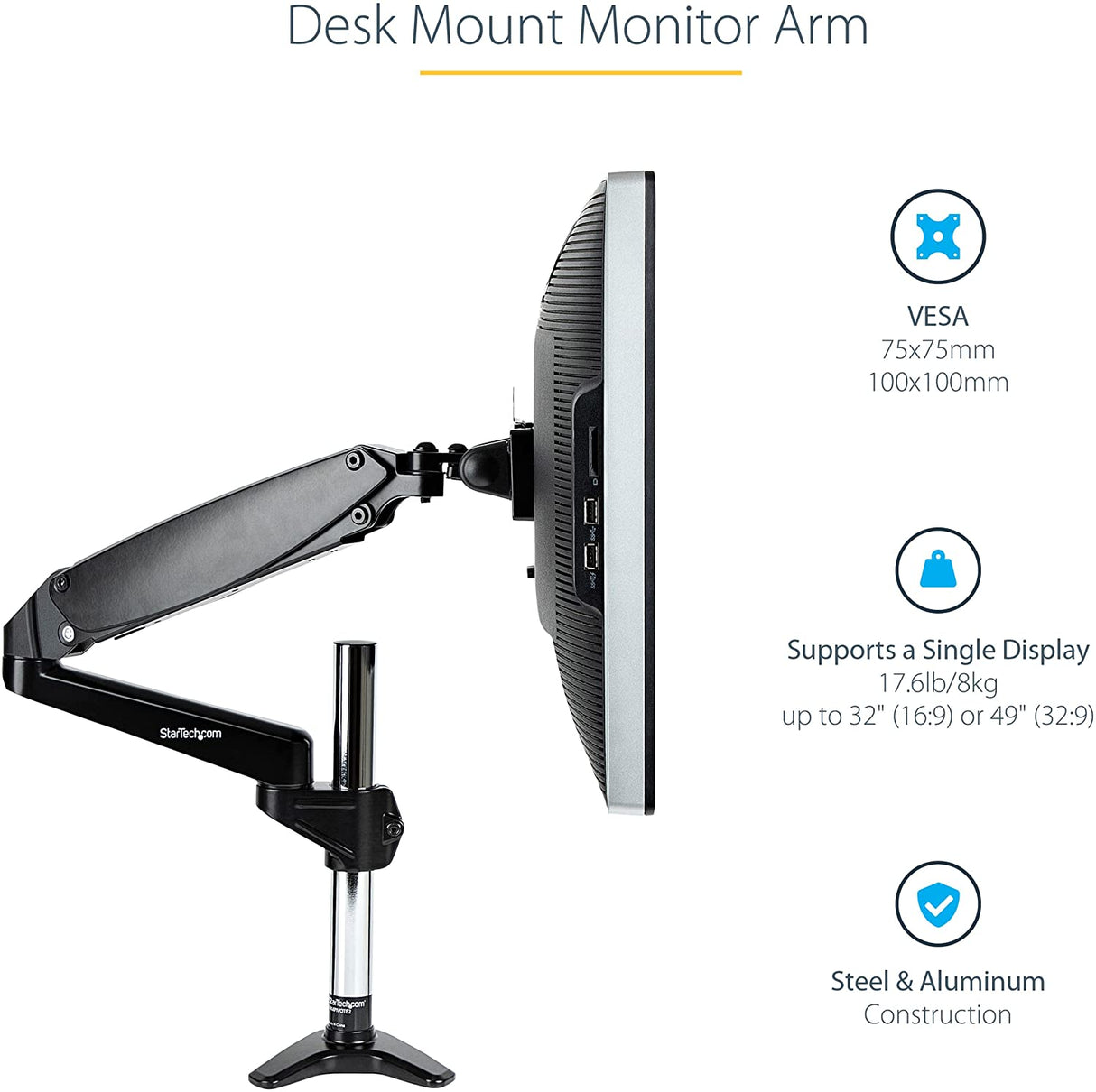 StarTech.com Desk Mount Monitor Arm for Single VESA Display up to 32" or 49" Ultrawide 8kg/17.6lb - Full Motion Articulating & Height Adjustable - C-Clamp, Grommet - Single Monitor Arm (ARMPIVOTE2)