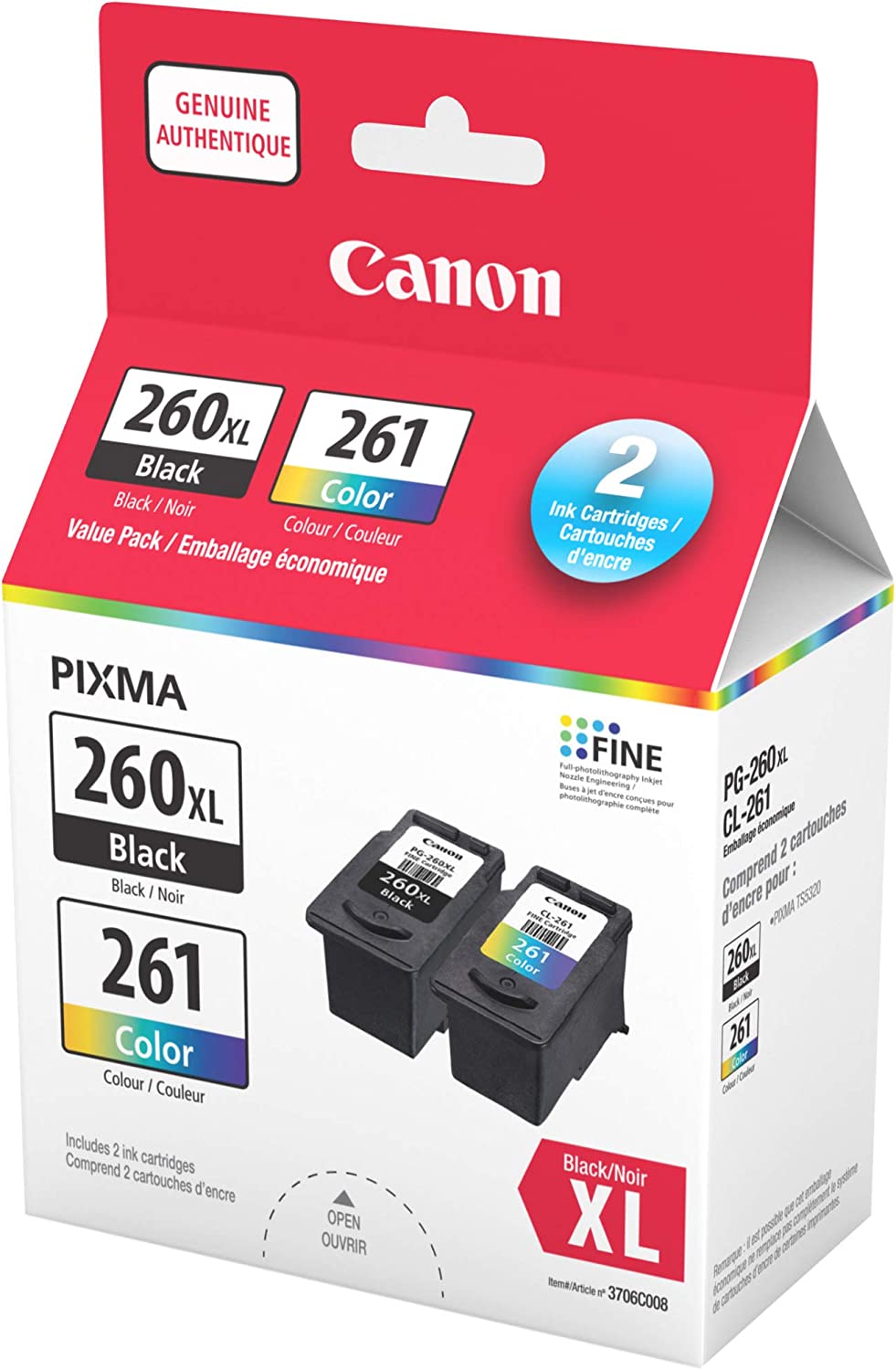 Genuine Canon PG-260XL Black & CL-261 Value Pack