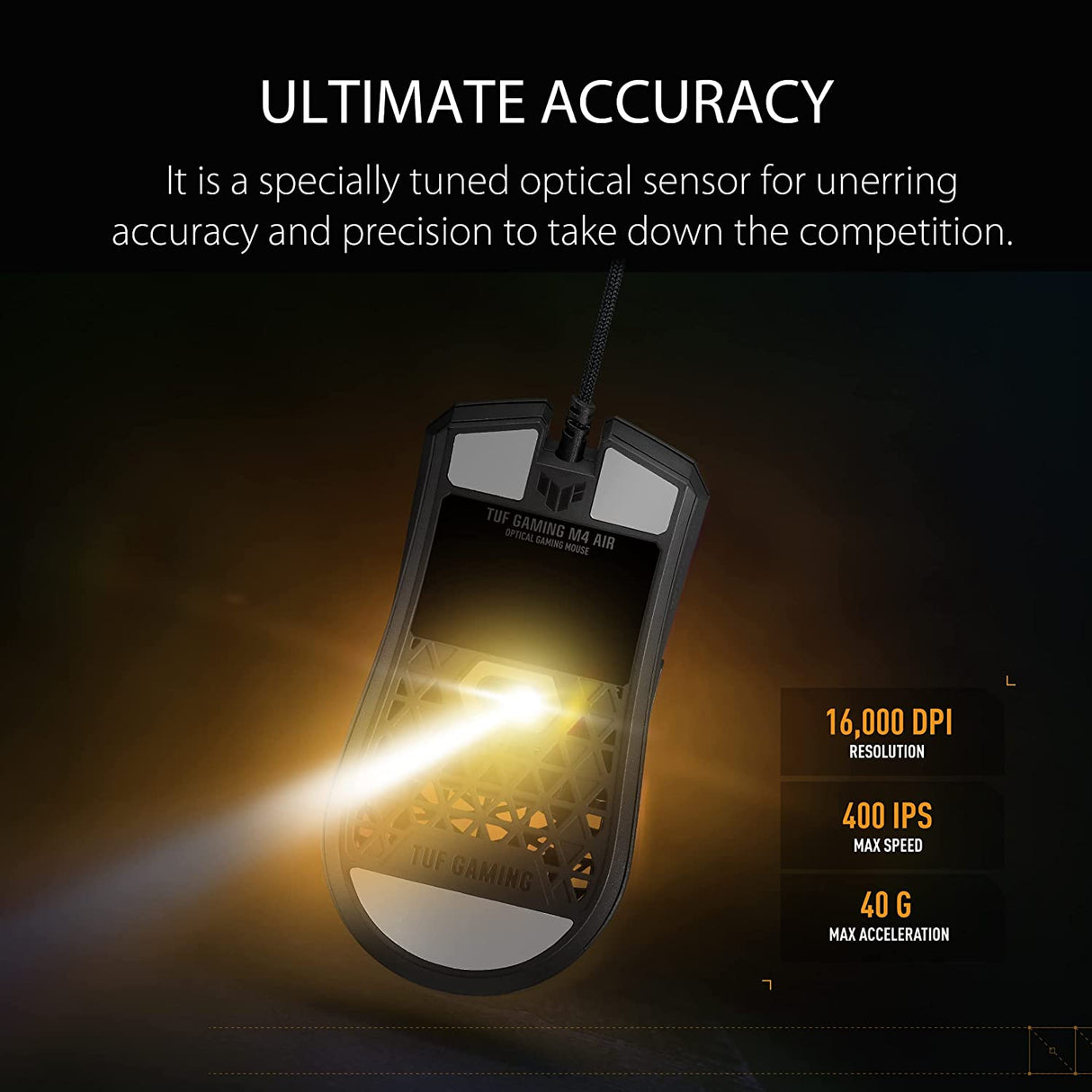 ASUS TUF Gaming M4 Air Lightweight Gaming Mouse | 16,000 dpi Sensor, Programmable Buttons, 47g Ultralight Air Shell, IPX6 Water Resistance, TUF Gaming Paracord and Low Friction PTFE Feet, Black