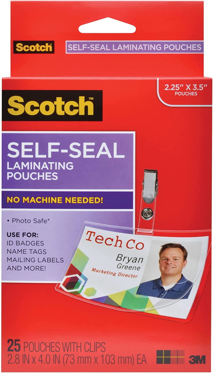 Scotch Self-Sealing Laminating Pouches, ID Protectors Includes Clips, 2.25 Inches x 3.5 Inches, 25 Pouches (LS852G) (Package may vary)