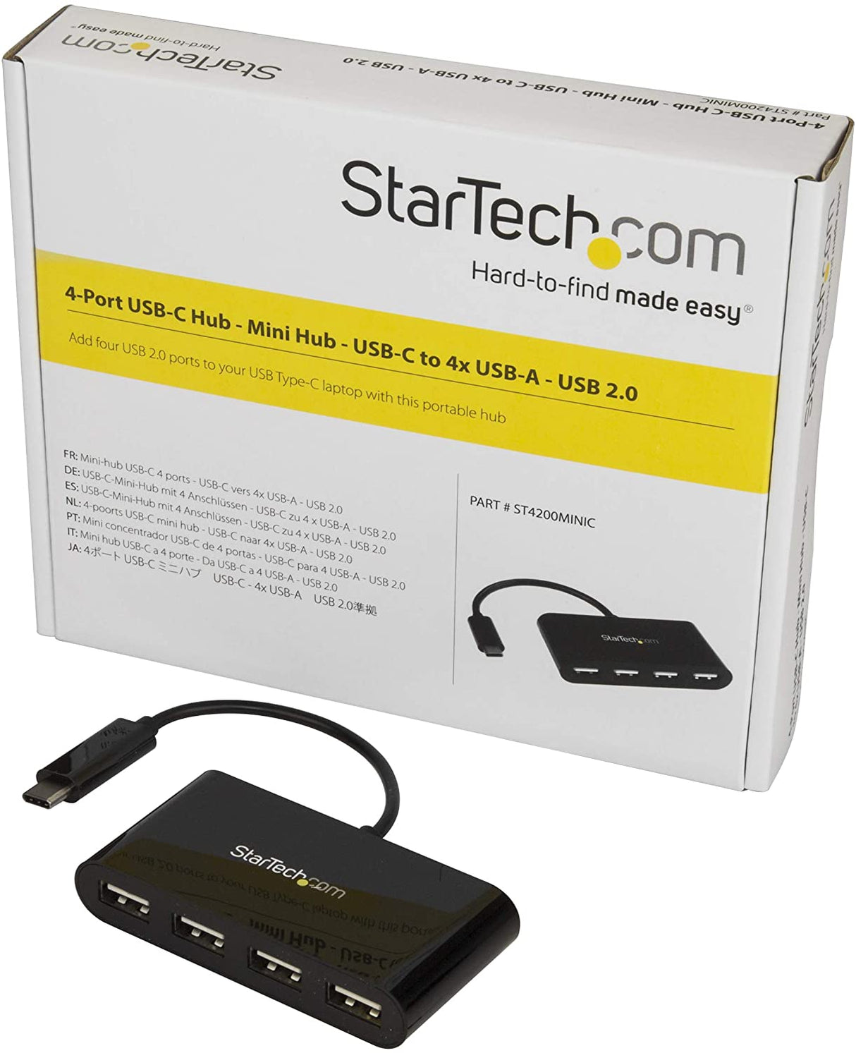 StarTech.com 4-Port USB-C Hub - USB-C to 4x USB-A Hub Adapter - Mini USB 2.0 Hub - Bus-powered USB Type-C Port Expander (ST4200MINIC) 0.6" x 3.1" x 6.3" Black