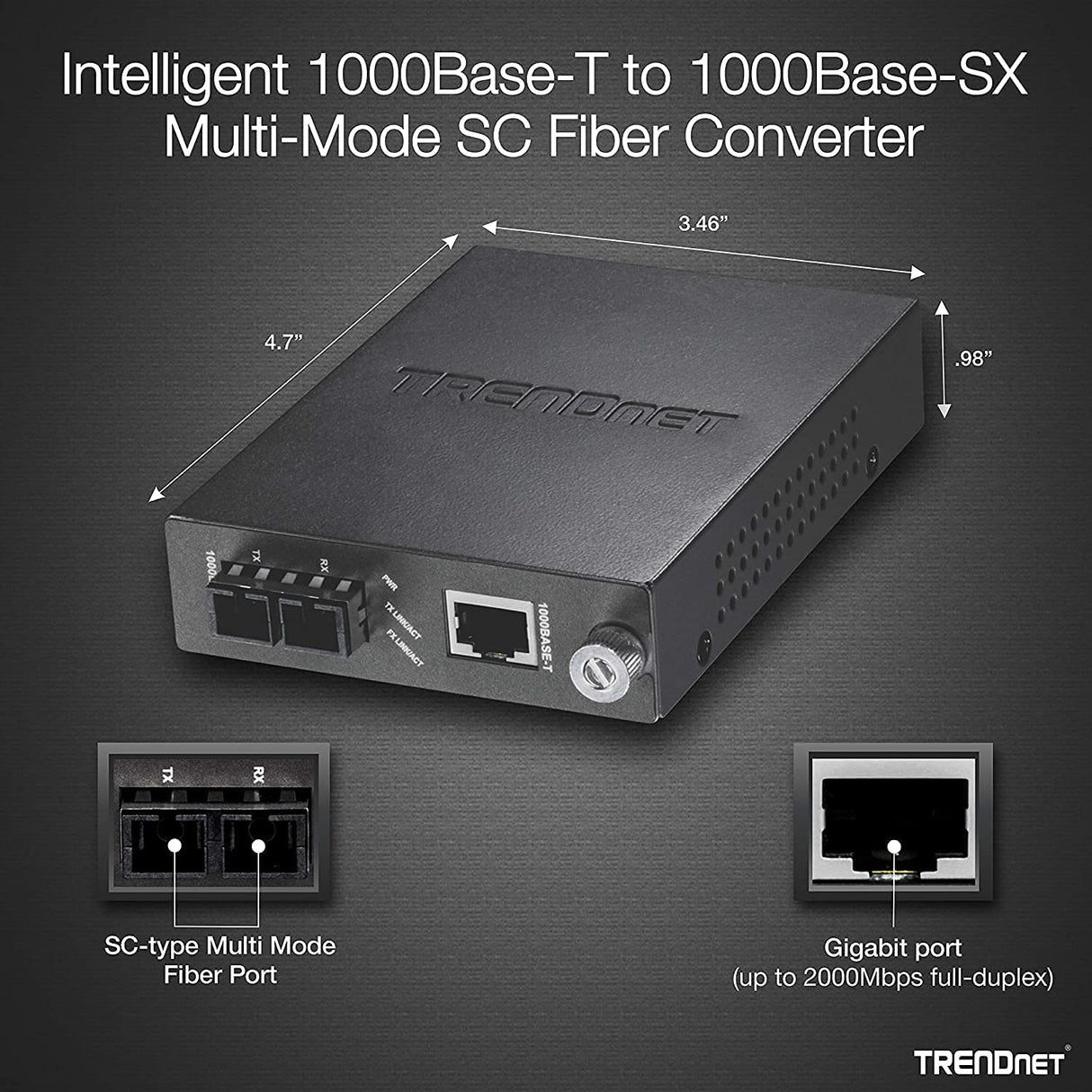 TRENDnet Intelligent 1000Base-T to 1000Base-SX Multi-Mode SC Fiber Media Converter, Up to 550M (1800 ft), Fiber to Ethernet Converter, 2Gbps Switching Capacity, Lifetime Protection, Black, TFC-1000MSC 550 Meters
