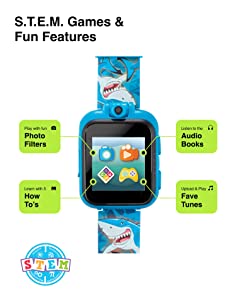 Playzoom Kids Smartwatch & Earbuds Set - Video Camera Selfies STEM Learning Educational Fun Games, MP3 Music Player Audio Books Touch Screen Sports Digital Watch Fun Gift for Kids Toddlers Boys Girls PlayZoom 2 W/Earbuds Blue Shark