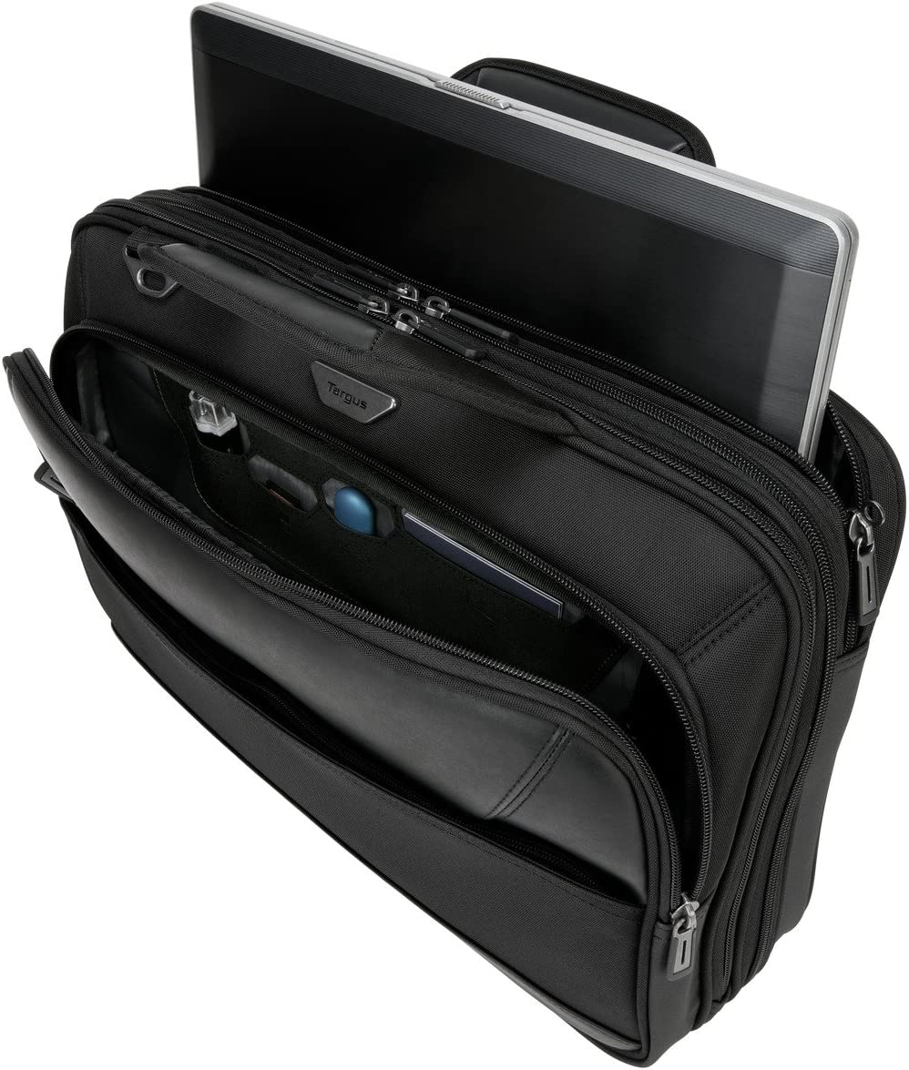 Targus Mobile-VIP Topload Shoulder Bag with Checkpoint-Friendly TSA Screening, Weather Resistant, Dual Main Compartments, Trolley Strap, SafePort Drop Protection for 15.6-Inch Laptop, Black (TBT264)