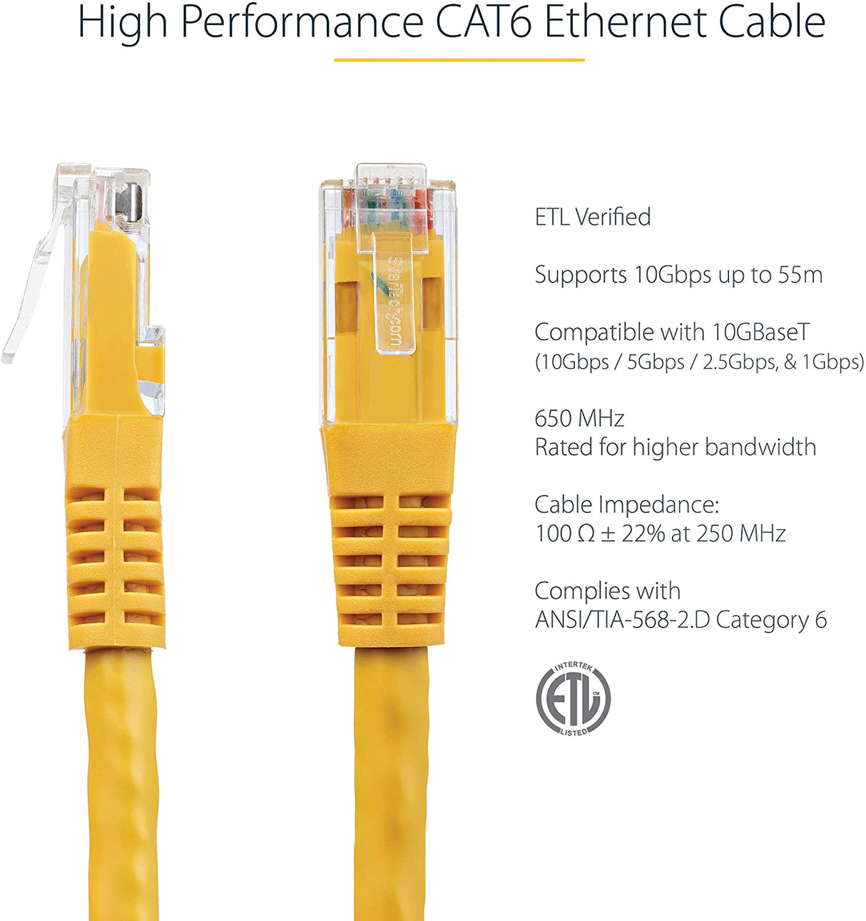 StarTech.com 1ft CAT6 Ethernet Cable - Yellow CAT 6 Gigabit Ethernet Wire -650MHz 100W PoE++ RJ45 UTP Molded Category 6 Network/Patch Cord w/Strain Relief/Fluke Tested UL/TIA Certified (C6PATCH1YL) Yellow 1 ft / 0.3 m 1 Pack