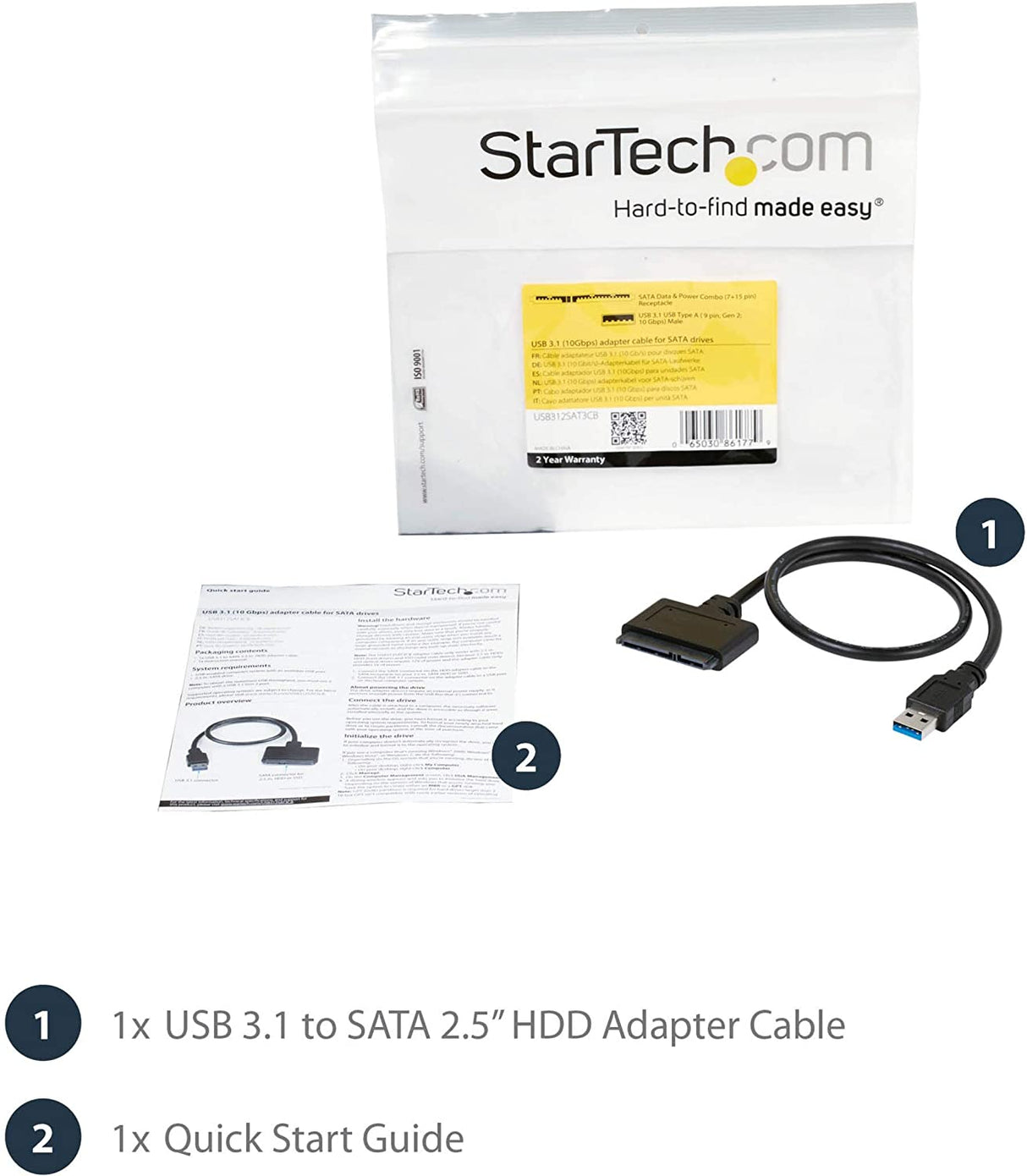 StarTech.com USB 3.1 to 2.5" SATA Hard Drive Adapter - USB 3.1 Gen 2 10Gbps with UASP External HDD/SSD Storage Converter (USB312SAT3CB) USB 3.1 | 2.5" Cable