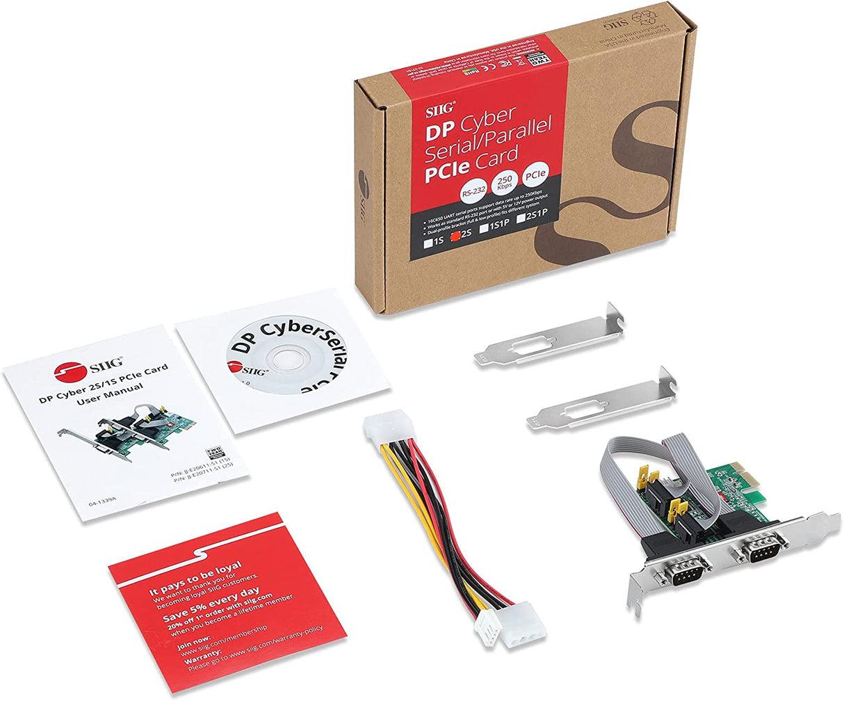 SIIG Dual Serial PCIe Card Adapter, 16650 UART, Baud Rates up to 250Kbps, PCIe 2.0 x1 to 2X RS-232 Male 9-pin DB9, RS-232 5V or 12V Power, ASIX AX99100 Chipset, Dual-Profile Brackets (JJ-E20711-S1)