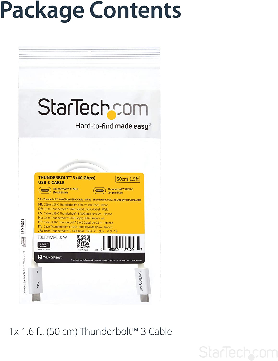 StarTech.com 40Gbps Thunderbolt 3 Cable - 1.6ft/0.5m - White - 5k 60Hz/4k 60Hz - Certified TB3 USB-C Charger Cord w/ 100W Power Delivery (TBLT34MM50CW) 1.5ft 40Gbps | White