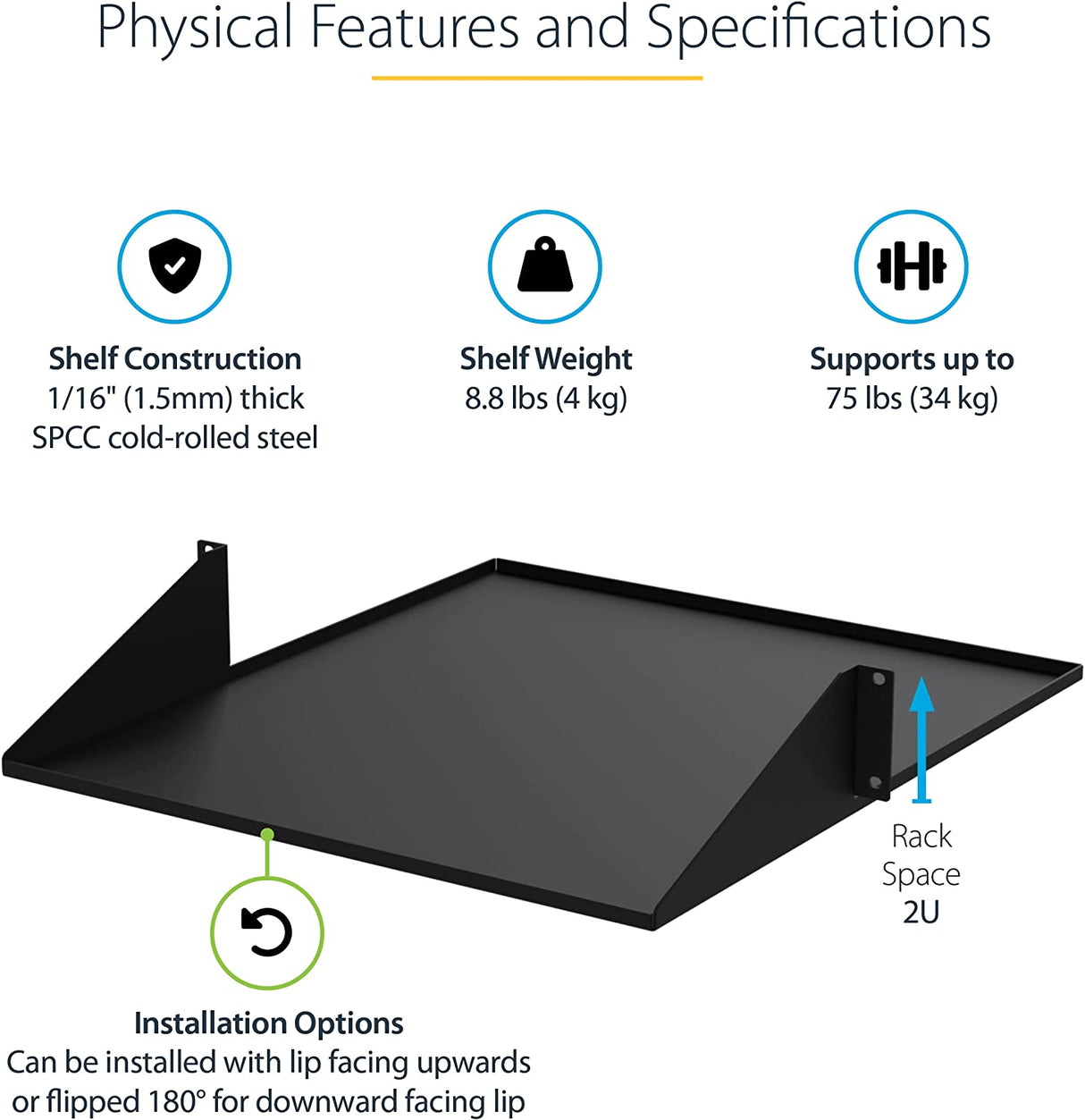 StarTech.com 2U 19" 2-Post Network Rack Cabinet Shelf - 20in Deep Center Mount Cantilever Tray Rackmount Shelf for AV/Data Equipment Enclosure w/Cage Nuts & Screws 75lb Weight Capacity (CABSHF2POST2)