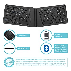 Targus Ergonomic Foldable Bluetooth Antimicrobial Keyboard, Black (AKF003US) Antimicrobial Foldable Keyboard