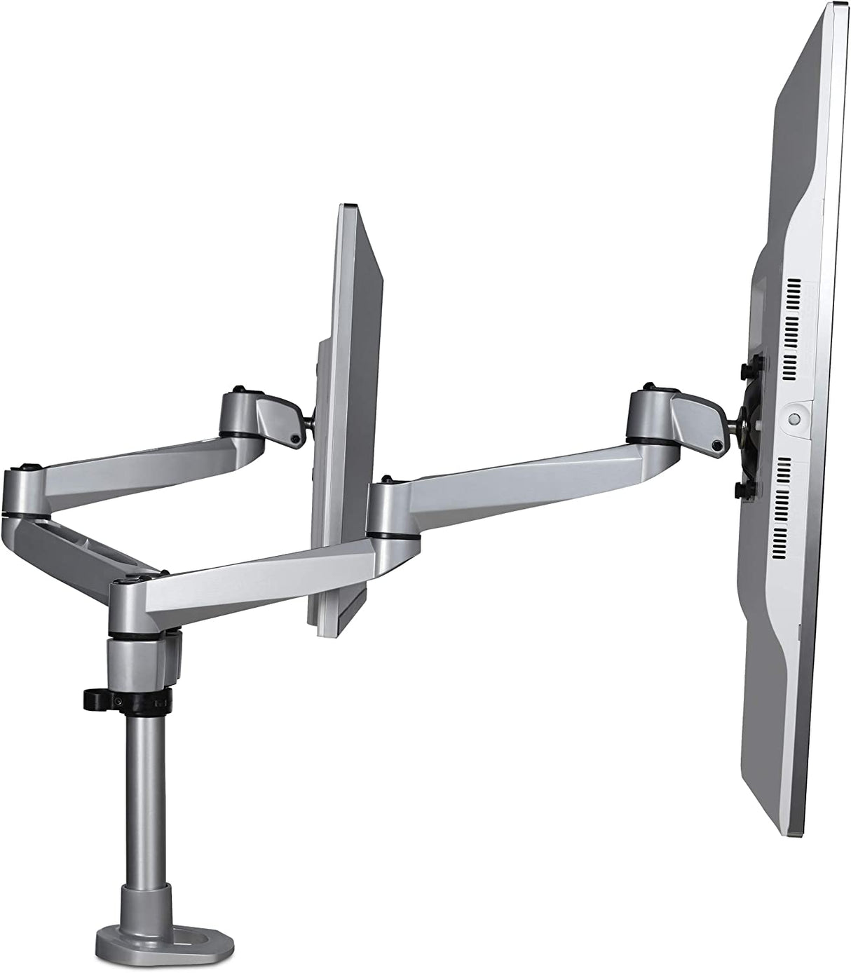 StarTech.com Desk Mount Dual Monitor Arm - Premium Articulating Monitor Arm - up to 27 VESA Mount Displays - Height Adjustable Monitor Mount - Rotate/Tilt/Swivel - Clamp/Grommet - Silver (ARMDUALPS)