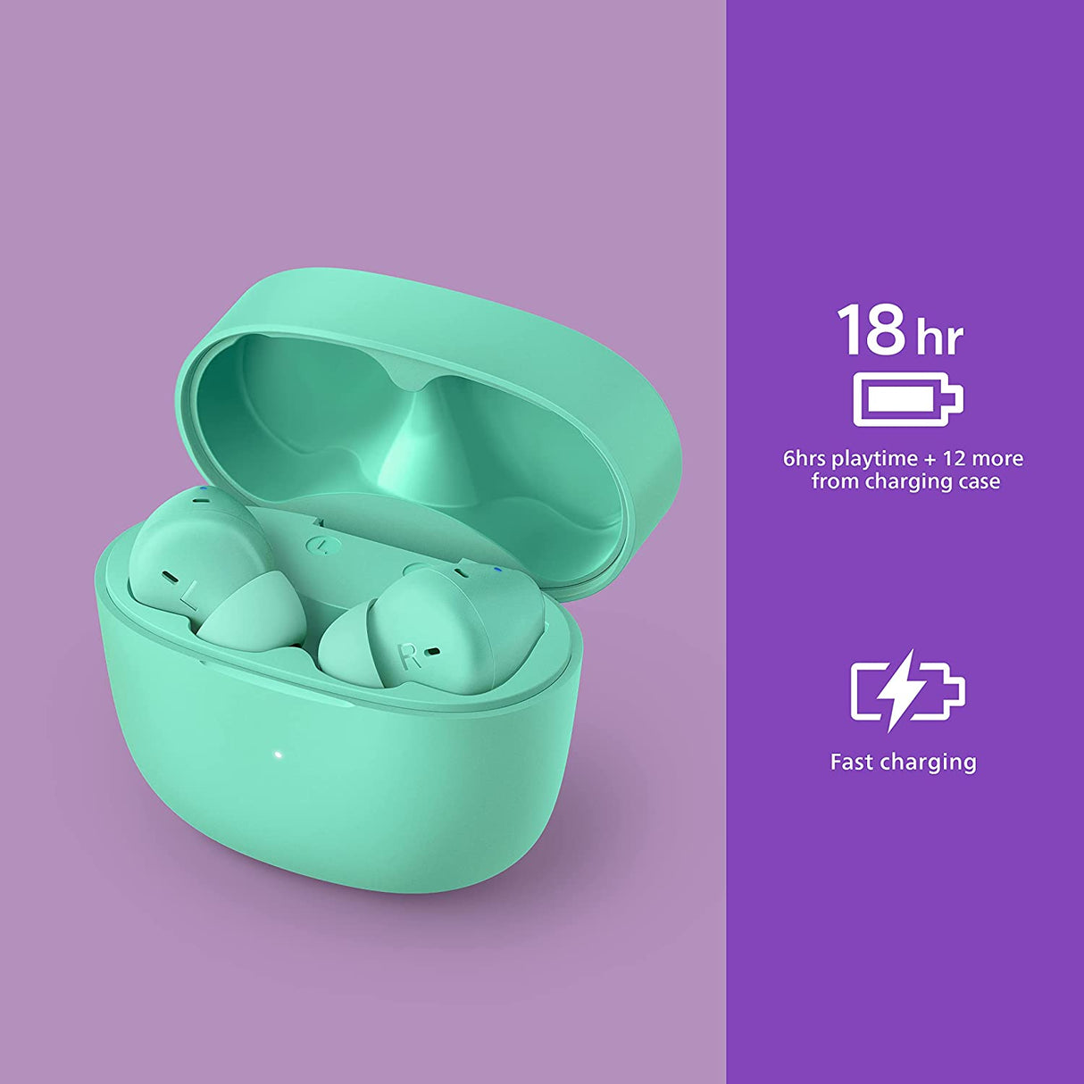 Philips T2206 True Wireless Headphones with IPX4 Water Resistance, Super-Small Charging case, Integrated Controls, Built-in Microphone, Up to 18 Hours Playtime, TAT2206GR In-Ear with Tip Minty Green