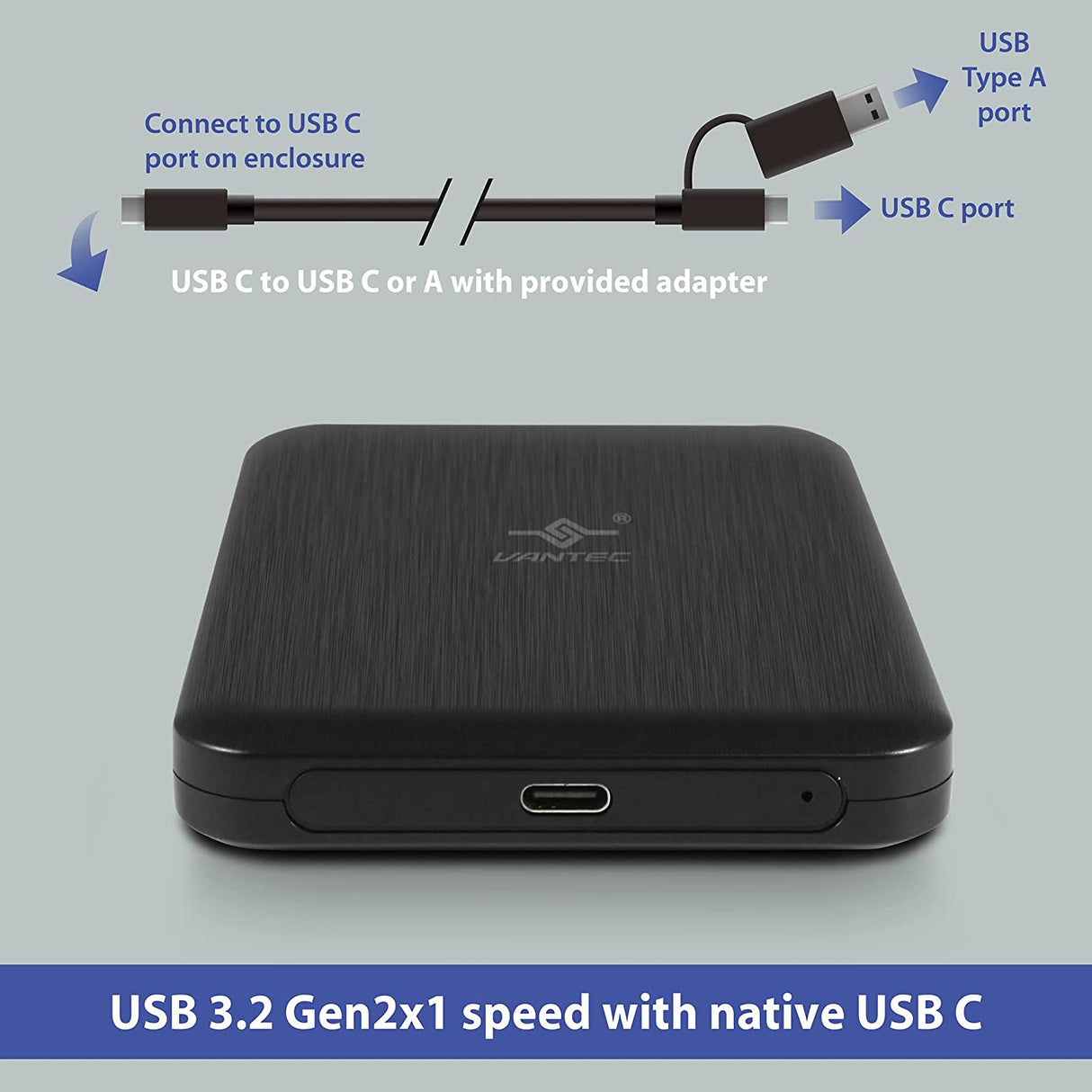 Vantec NexStar JX Series, USB 3.2 Gen2x1 (10Gbps), USB C, 2.5" SATA Drive Enclosure for 9.5mm & 7mm SSD/HDD (NST-258S3-BK)