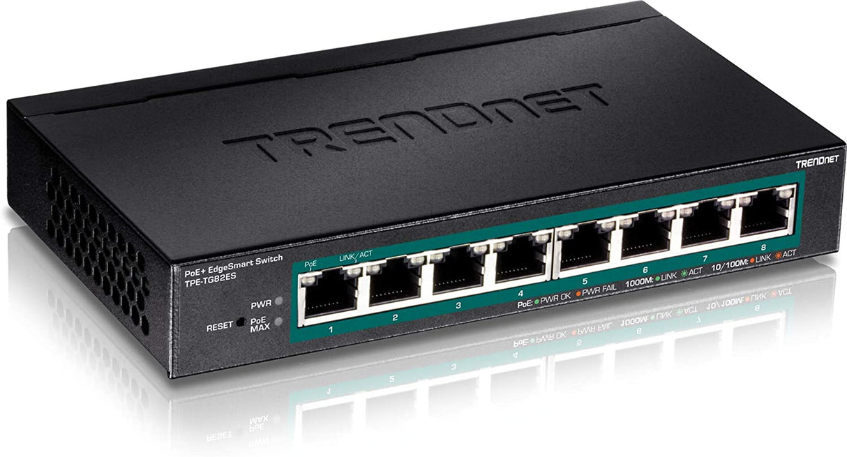 TRENDnet 8-Port Gigabit EdgeSmart PoE+ Switch, 8 x Gigabit PoE+ Ports, 64W PoE Power Budget, Managed PoE+ Switch, Wall Mountable, Desktop Ethernet Switch, Lifetime Protection, Black, TPE-TG82ES