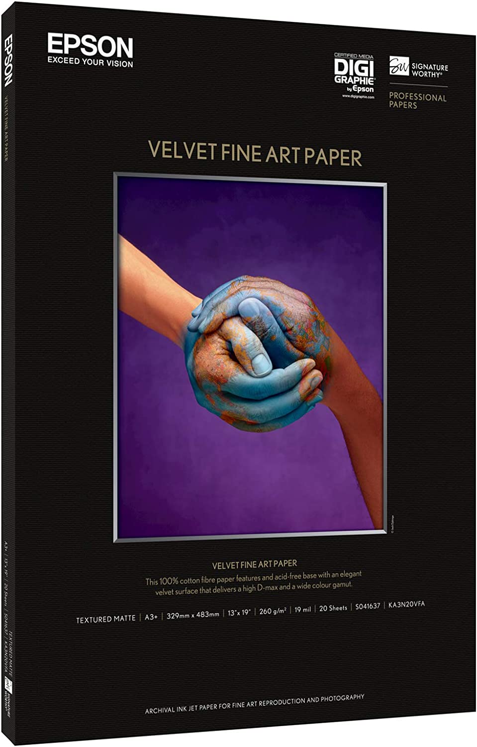 Epson S041637 Velvet Fine Art Paper, 13 x 19, White (Pack of 20 Sheets) 13 x 19 Inch