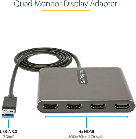 StarTech.com USB 3.0 to 4x HDMI Adapter - External Video & Graphics Card - USB Type-A to Quad HDMI Display Adapter Dongle - 1080p 60Hz - Multi Monitor USB A to HDMI Converter - Windows Only (USB32HD4)
